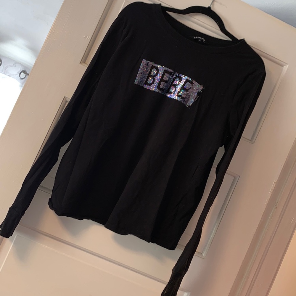 XL Bebe T-shirt flippy sequin bling logo black T-shirt